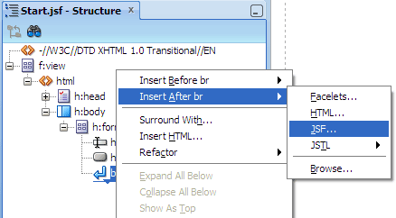 Structure window, Insert context menu