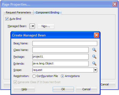 Page Properties and Create Managed Bean dialogs