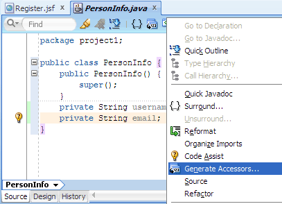 Java source editor, Generate Accessors