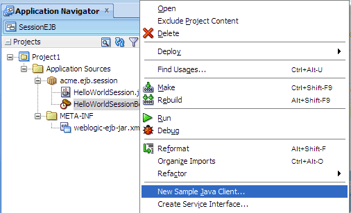 New Sample Java Client context menu item