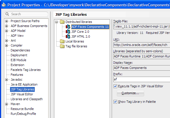 Project Properties dialog after adding tag library