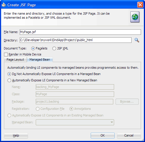 Create JSF Page dialog, Managed Bean