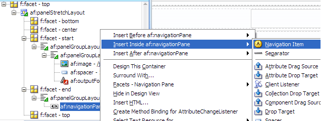 Structure window, Insert inside context menu