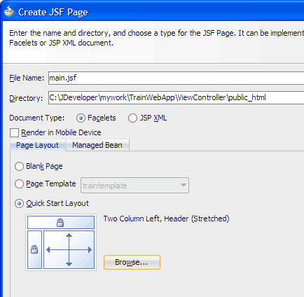 Create JSF Page dialog, Quick Start Layout