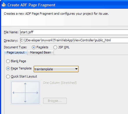 Create ADF Page Fragment dialog, Page Layout page