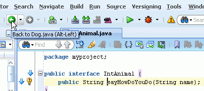 Source editor main menubar. Cursor indicates the green left-facing arrow that, when clicked, takes you back to the Dog class.