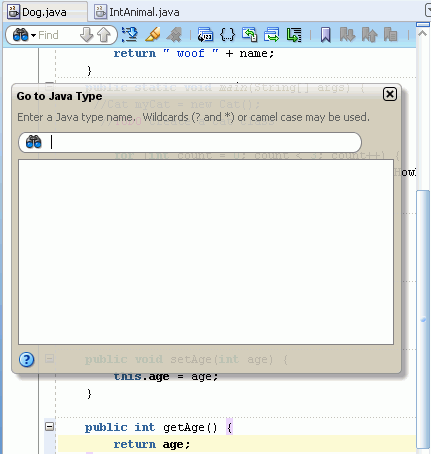 Source editor with small 'Go to Type' window superimposed over it