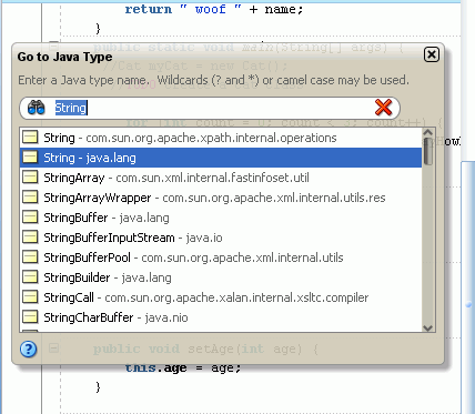 Same window as above with String in the Name field, and then below, a list of String-based classes, and String - java.lang selected in the list.