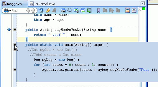 Source editor: cursor over + sign revealing large blue box displaying the 'hidden' code.