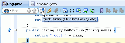 Source editor main menubar: cursor indicating the 'Quick Outline' icon on the toolbar.