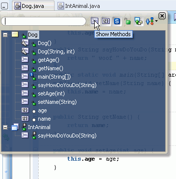 Source editor with Quick Outline ghost window over the top in dark blue:cursor indicates the Show Methods icon.