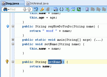 Source editor showing the getName method in the code.
