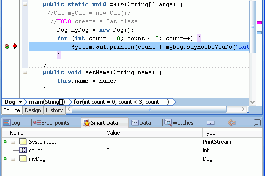Source editor with breakpoint line in blue and a red arrow at left-hand end of the line.