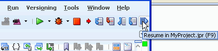 Source editor toolbar with cursor indicating the Resume icon.