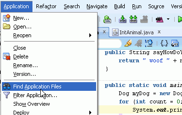 Source editor with Application menu option on main menu selected, and then Find Application Files menu item selected.