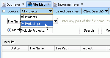 File List tab drop down menu, with MyProject.jpr selected.