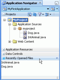 Application Navigator with the Recently Opened Files accordion expanded to show Dog.java and IntAnimal.java files.