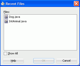 Recent Files dialog box showing the Dog.java and IntAnimal.java files.