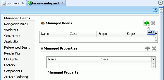 Overview page of faces-config with Managed Beans finger tab selected. Cursor points to green + to create a managed bean.