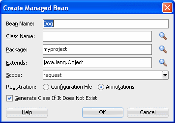 Create Managed bean dialog with Dog as the Bean Name and cursor on the Browse button beside the Class Name field.