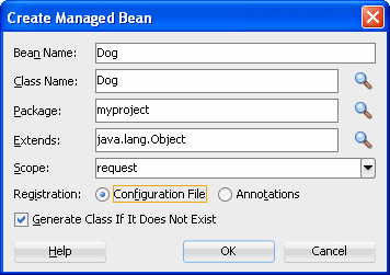 Create Managed Bean dialog with Configuration File radio button selected.