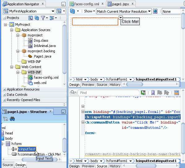 Structure window with the inputText component selected, and same component selected in both source and Design editors for page1.jspx.