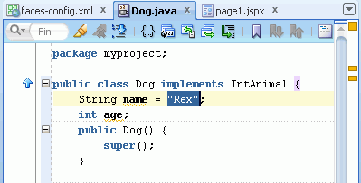 Source editor for Dog.java, with code = String name = 