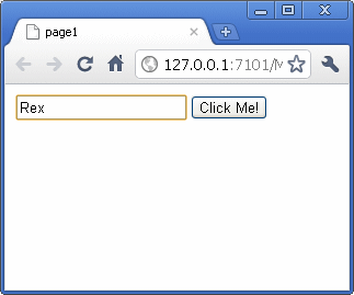 Browser window showing the input field containing the name 'Rex' and the Click Me! command button.