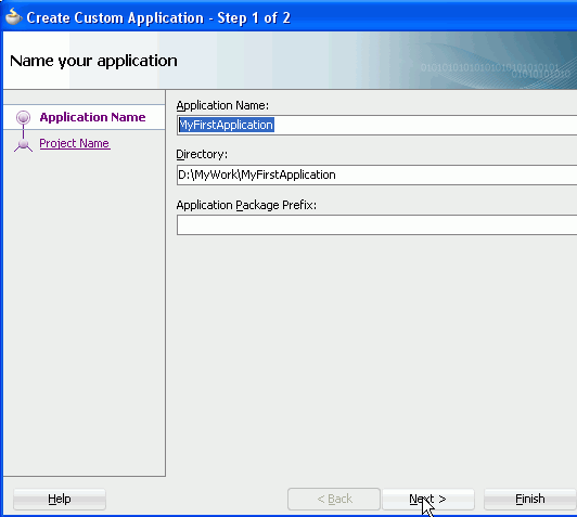 Create Custom App wizard first page -with MyFirstApplication in the Name field