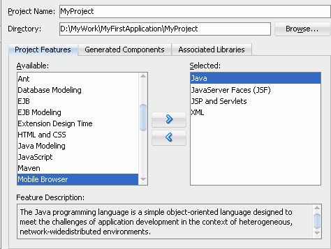 Java, JavaServerFaces and JSPandServlets display in the Selected pane