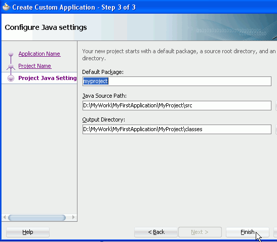 Page 3 of wizard with 'myproject' displayed in package name field