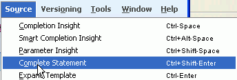 Cursor is on the Complete Statement menu option under the Source menu option on top menu bar.