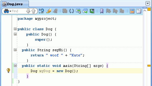 Source code editor: code to create Dog object added to main method.