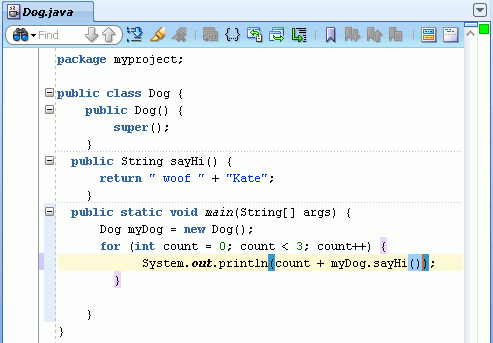 Source editor: 'count + myDog.sayHi()' inserted into parentheses following println.