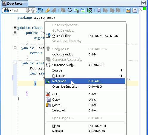 Source editor context menu; Reformat option selected.