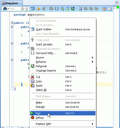Context menu for Source editor, with Run menu option selected.