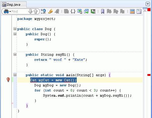 Source editor with code to create Cat object in the main method.