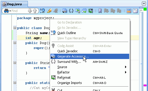 Source editor context menu displayed with Genearte Accessors menu option selected.