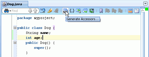 Source editor menu bar with the Generate Accessors icon indicated.