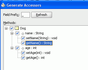Generate Accessors dialog box showing check boxes to generate getters and setters for both variables checked.