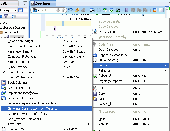 Source editor context menu with menu option Source > Generate Constructor from Fields menu option selected.