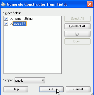 Generate Constructor from Fields dialog with check boxes to left of name and age fields checked.