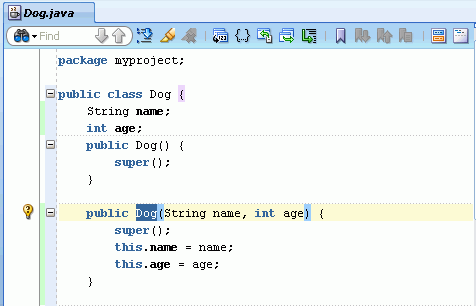 Source editor with the constructor method added to the Dog class.