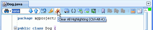 Source editor menu bar with Clear All Highlighting icon indicated.