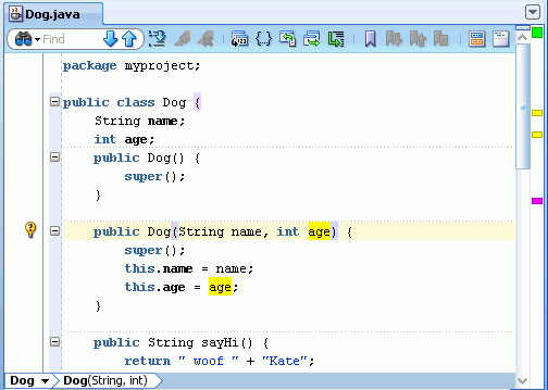 Source editor with 'age' parameter highlighted in yellow; 'age' variable is not highlighted.