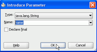 Introduce Parameter dialog box with 'name' in the Name field.