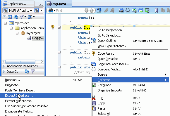 Source editor: Dog class declaration context menu with Refactor > Extract Interface menu option selected.