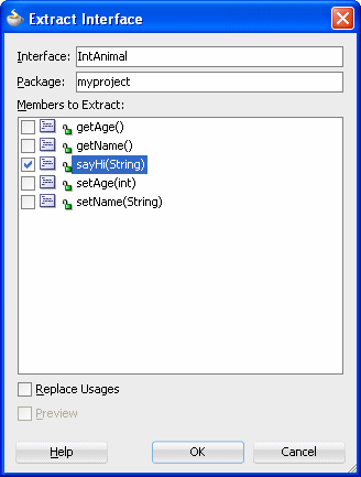 Extract Interface dialog: IntAnimal typed in interface name field, and list of methods below, with the check box next to sayHi(String) checked.