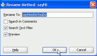 Rename method dialog for the sayHi method: new method name, sayHowDoYouDo, in Rename field: Preview check box checked.