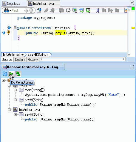 Log window below source editor shows 3 usages of the sayHi method. The cursor is pointing to the Do Refactoring icon.